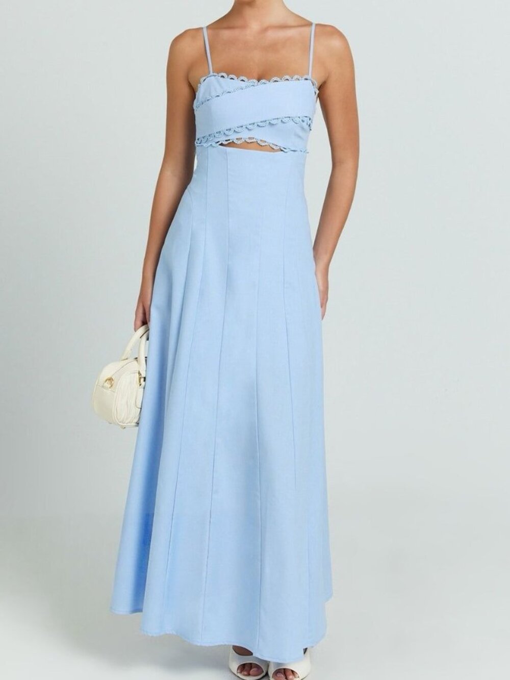 Showpo Light Blue Linen Blend Lace Trim Maxi Dress Size 4 Small